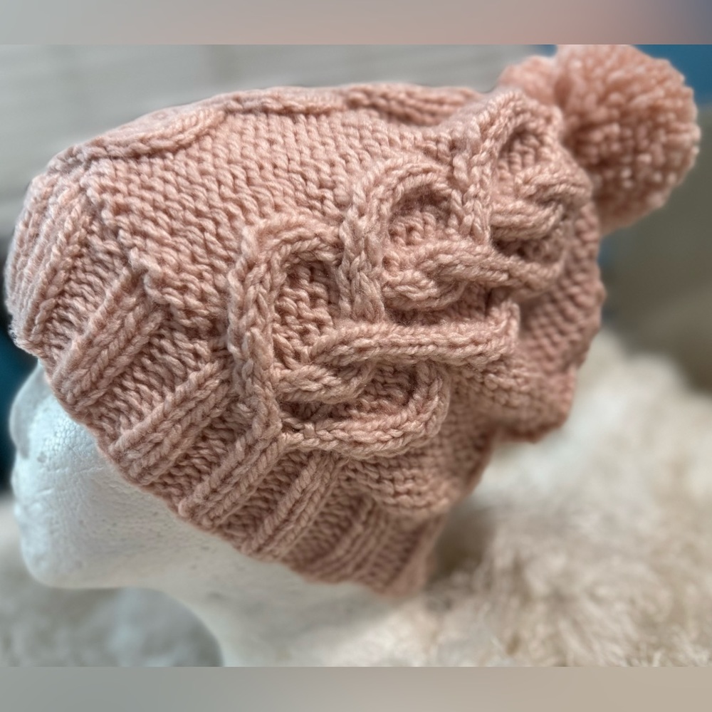 Handmade Hand Crafted Knit Heart to Heart Hat Pink Adult/Teen size - Picture 4 of 5